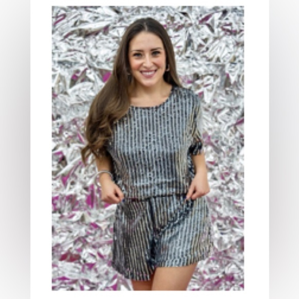 NWT - Buddy Love Silver Sequin Striped Two Piece Top and Shorts Set - x- large
